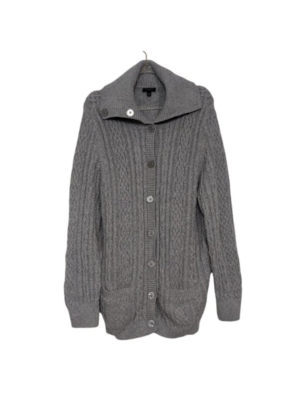 Talbots Cable Knit Cardigan Womens Size XL Gray Grandma Turtleneck Sweater